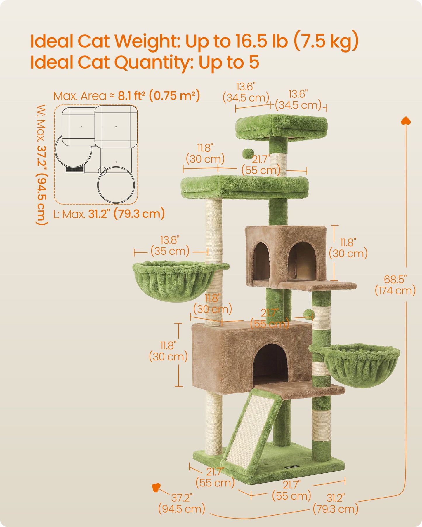 Cat Tree, 68.5-in Tall Cat Tower, Multi-Level Condo, Green for Adult Cats Indoor, with 7 Scratching Posts - image 2
