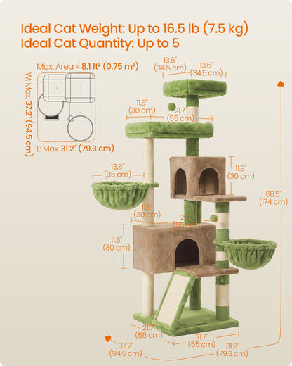 Cat Tree, 68.5-in Tall Cat Tower, Multi-Level Condo, Green for Adult Cats Indoor, with 7 Scratching Posts - image 2