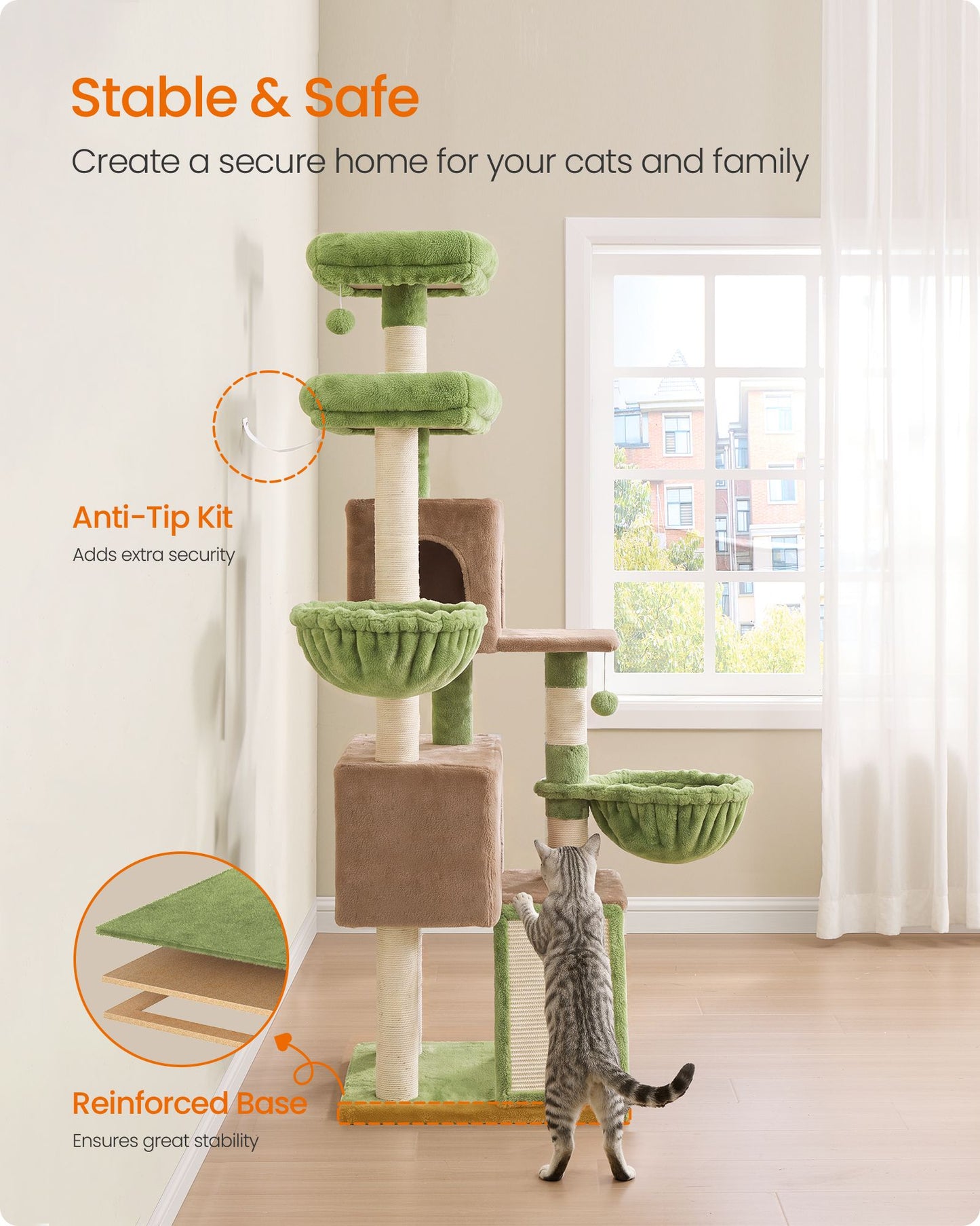 Cat Tree, 68.5-in Tall Cat Tower, Multi-Level Condo, Green for Adult Cats Indoor, with 7 Scratching Posts - image 3