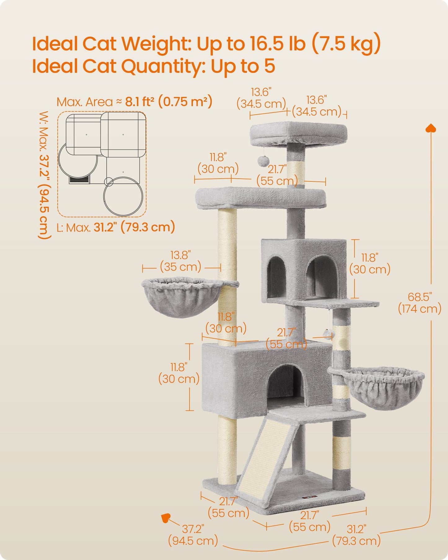 Large Cat Tree Tower, 68.5-Inch Tall Cat Condo with Large Perch - HWLEXTRA