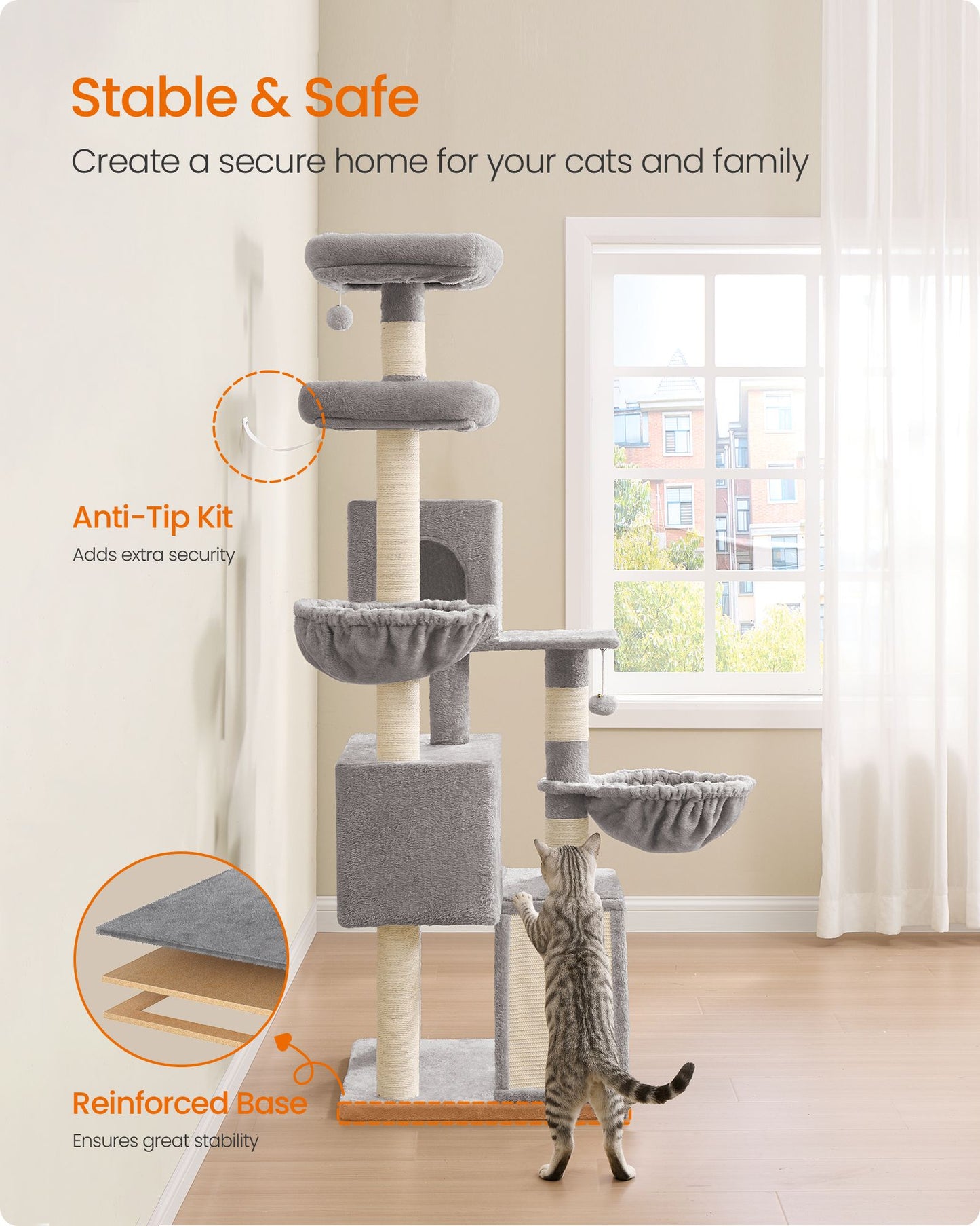 Large Cat Tree Tower, 68.5-Inch Tall Cat Condo with Large Perch - HWLEXTRA