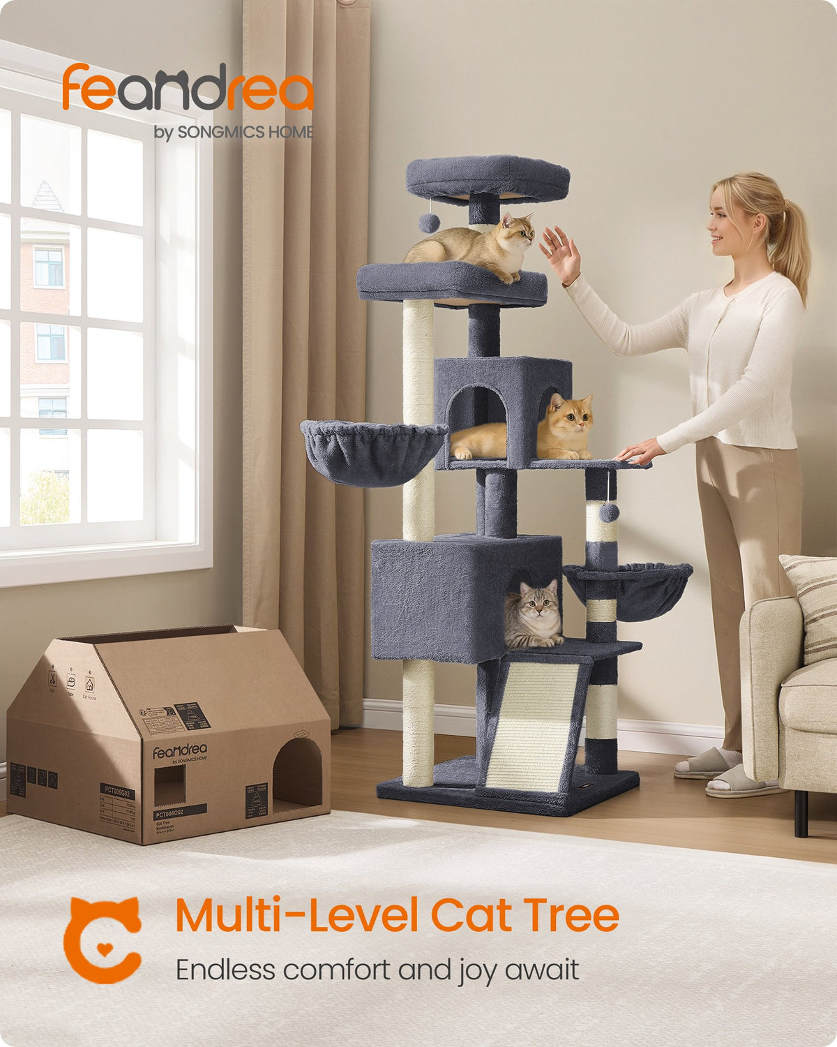 Large Cat Tree Tower, 68.5-Inch Tall Cat Condo with Large Perch