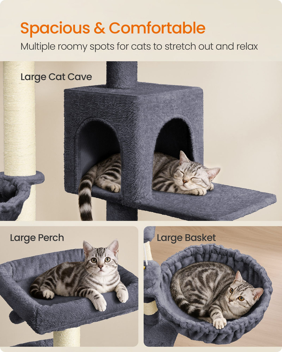 Large Cat Tree Tower, 68.5-Inch Tall Cat Condo with Large Perch