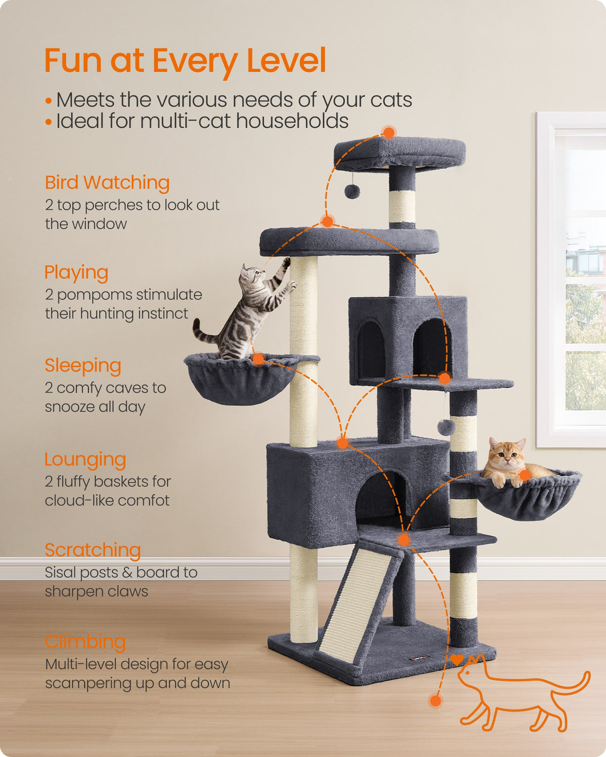 Large Cat Tree Tower, 68.5-Inch Tall Cat Condo with Large Perch
