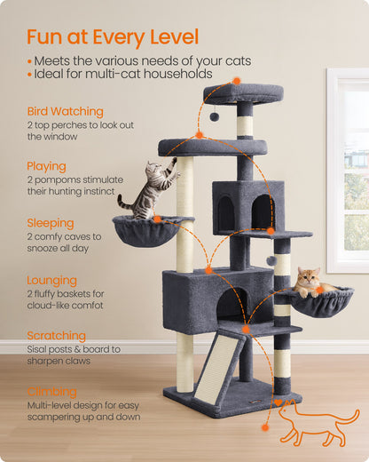 Large Cat Tree Tower, 68.5-Inch Tall Cat Condo with Large Perch