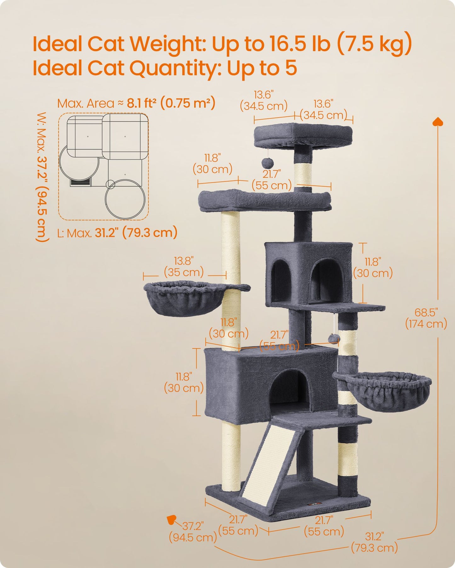 Large Cat Tree Tower, 68.5-Inch Tall Cat Condo with Large Perch - HWLEXTRA