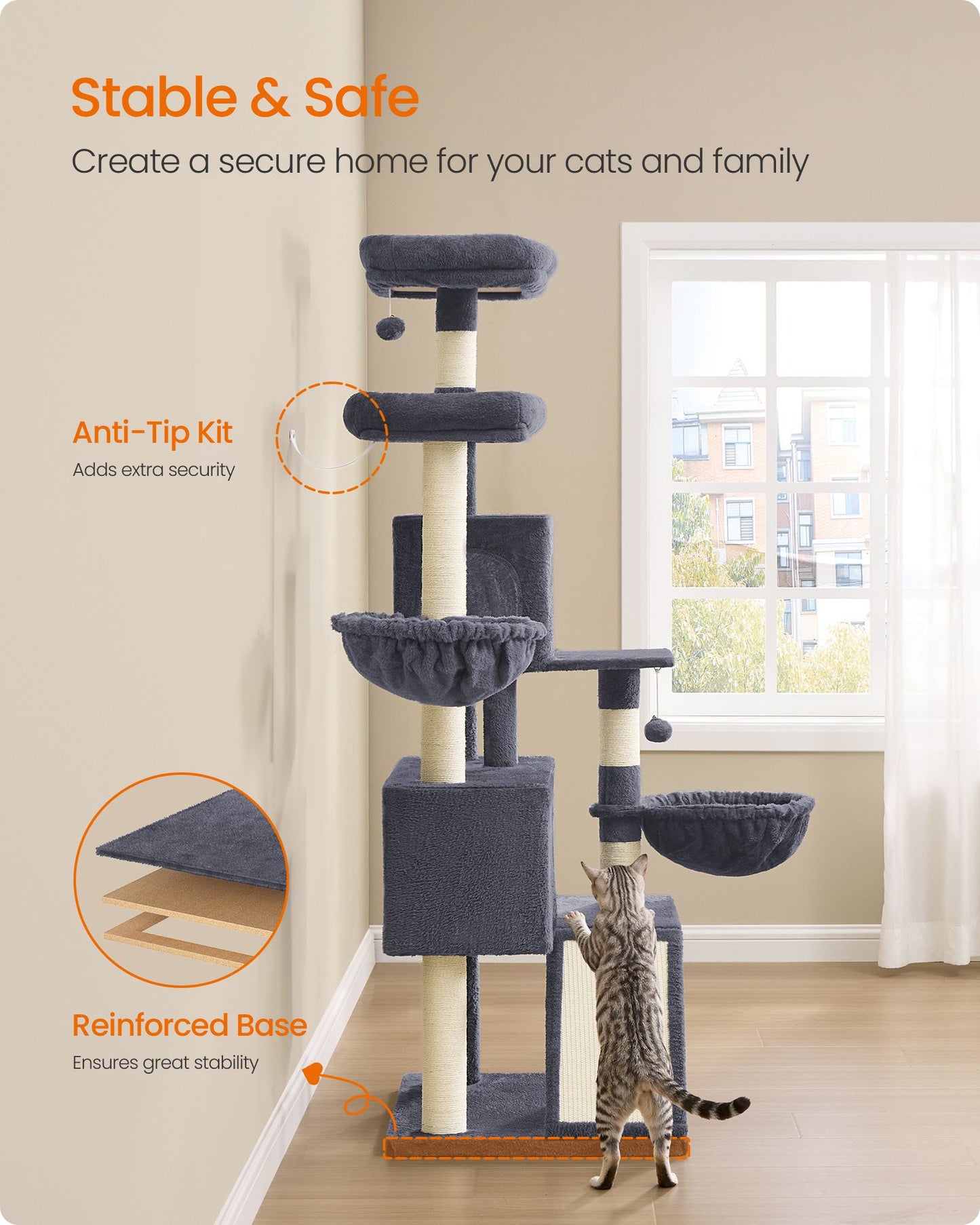 Large Cat Tree Tower, 68.5-Inch Tall Cat Condo with Large Perch - HWLEXTRA