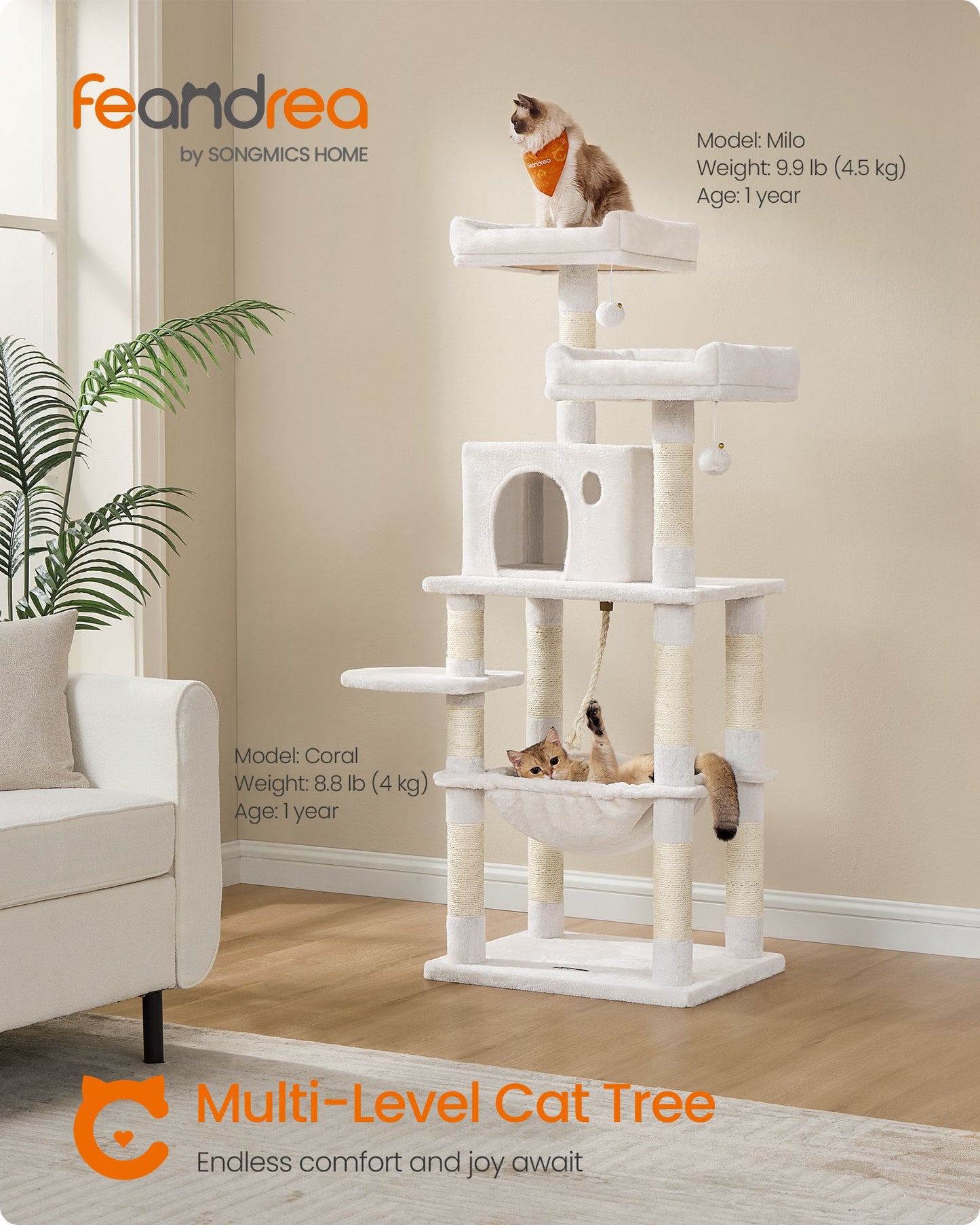 143 cm Cat Tower for Indoor Cats Cream White - image 3