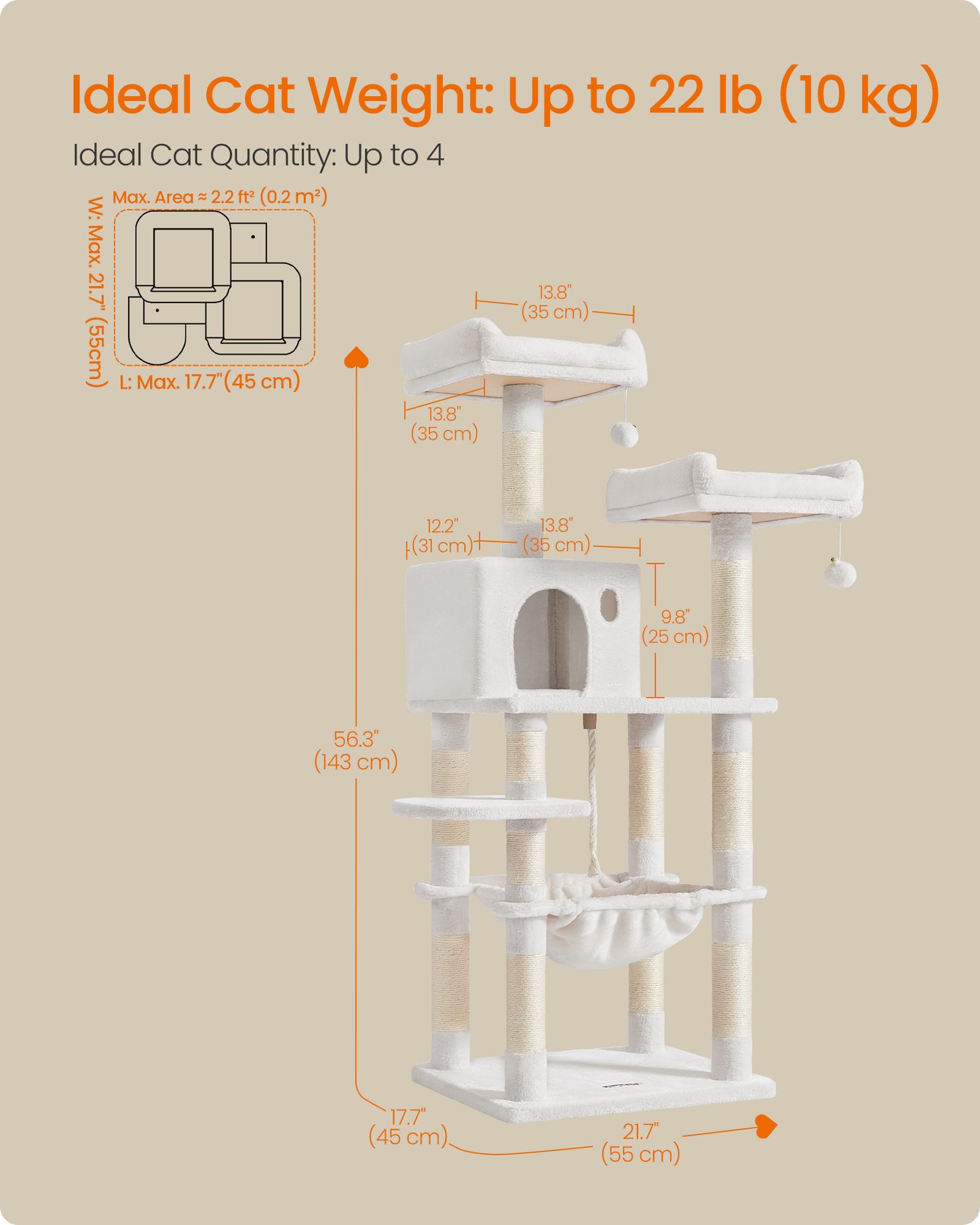 143 cm Cat Tower for Indoor Cats Cream White - image 7