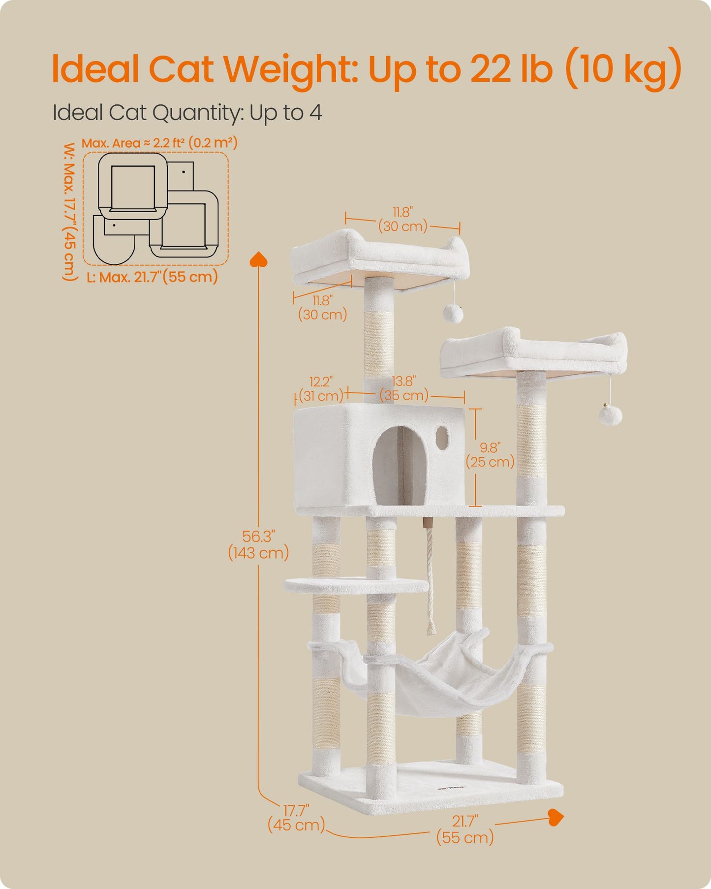 Cat Tree, 56.3-Inch Cat Tower, Multi-Level Plush Condo with 11 Scratching Posts - image 4