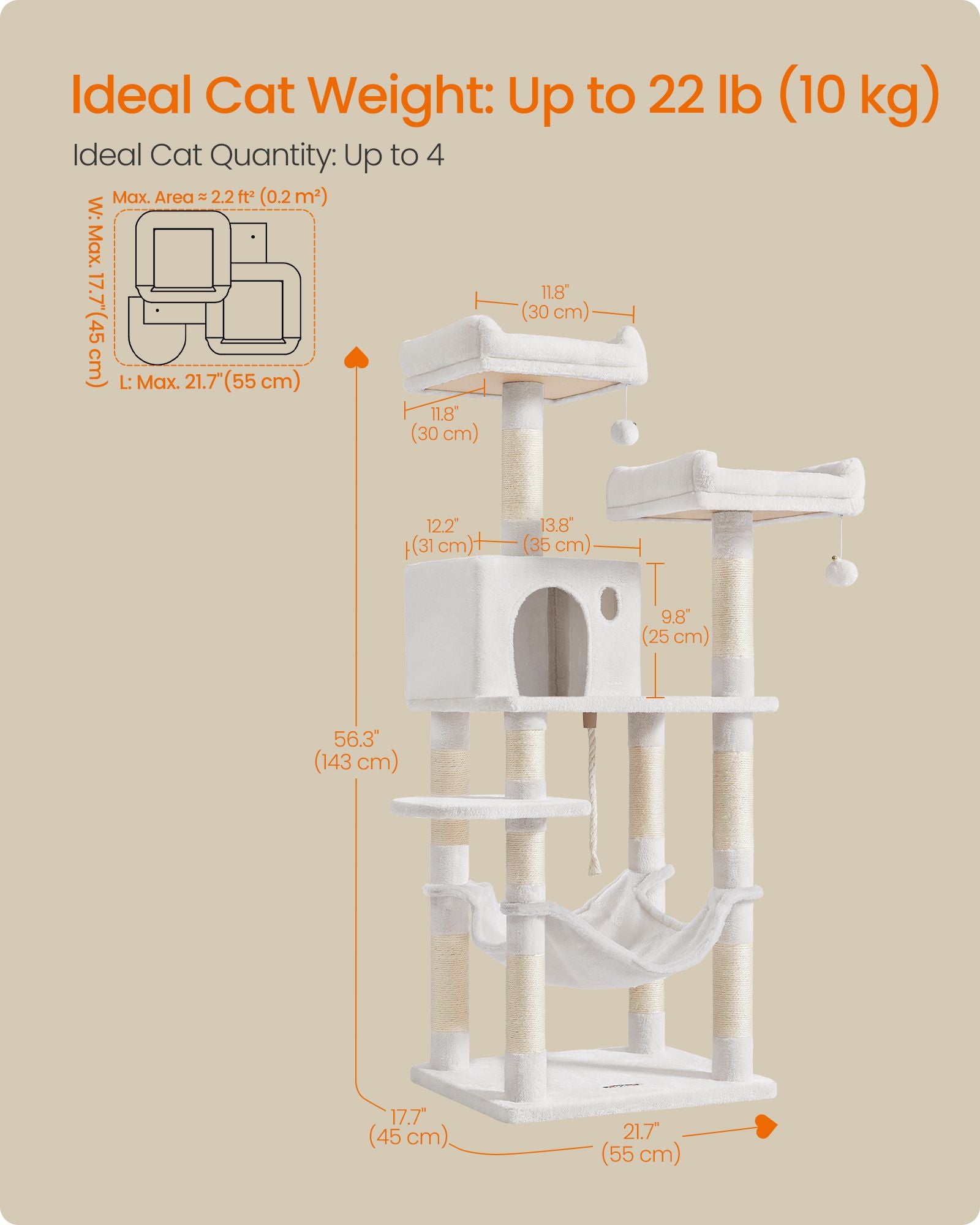 Cat Tree, 56.3-Inch Cat Tower, Multi-Level Plush Condo with 11 Scratching Posts - image 4