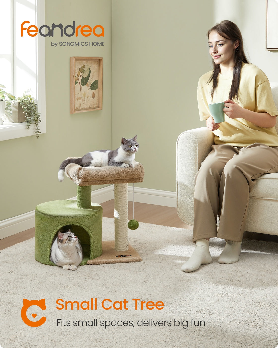 Cat Tree Tower with Sisal Scratching Post Grass Green and Camel Brown - image 2