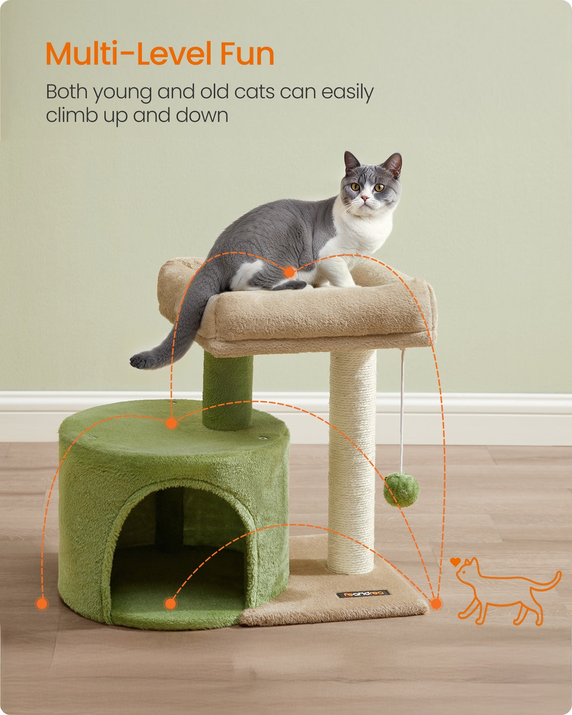 Cat Tree Tower with Sisal Scratching Post Grass Green and Camel Brown - image 3