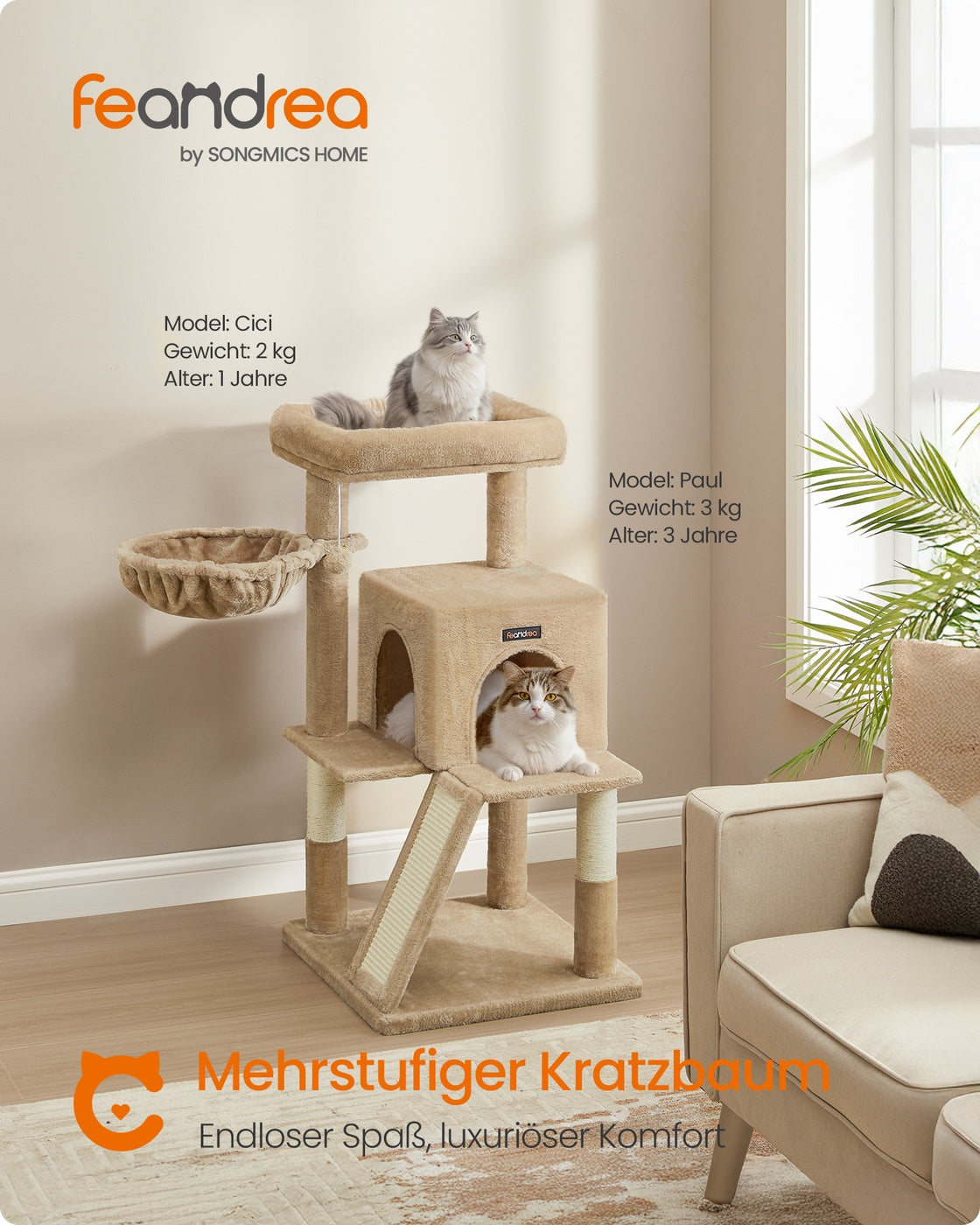 Cat Tree with Widened Perch for Large Cats Camel Brown