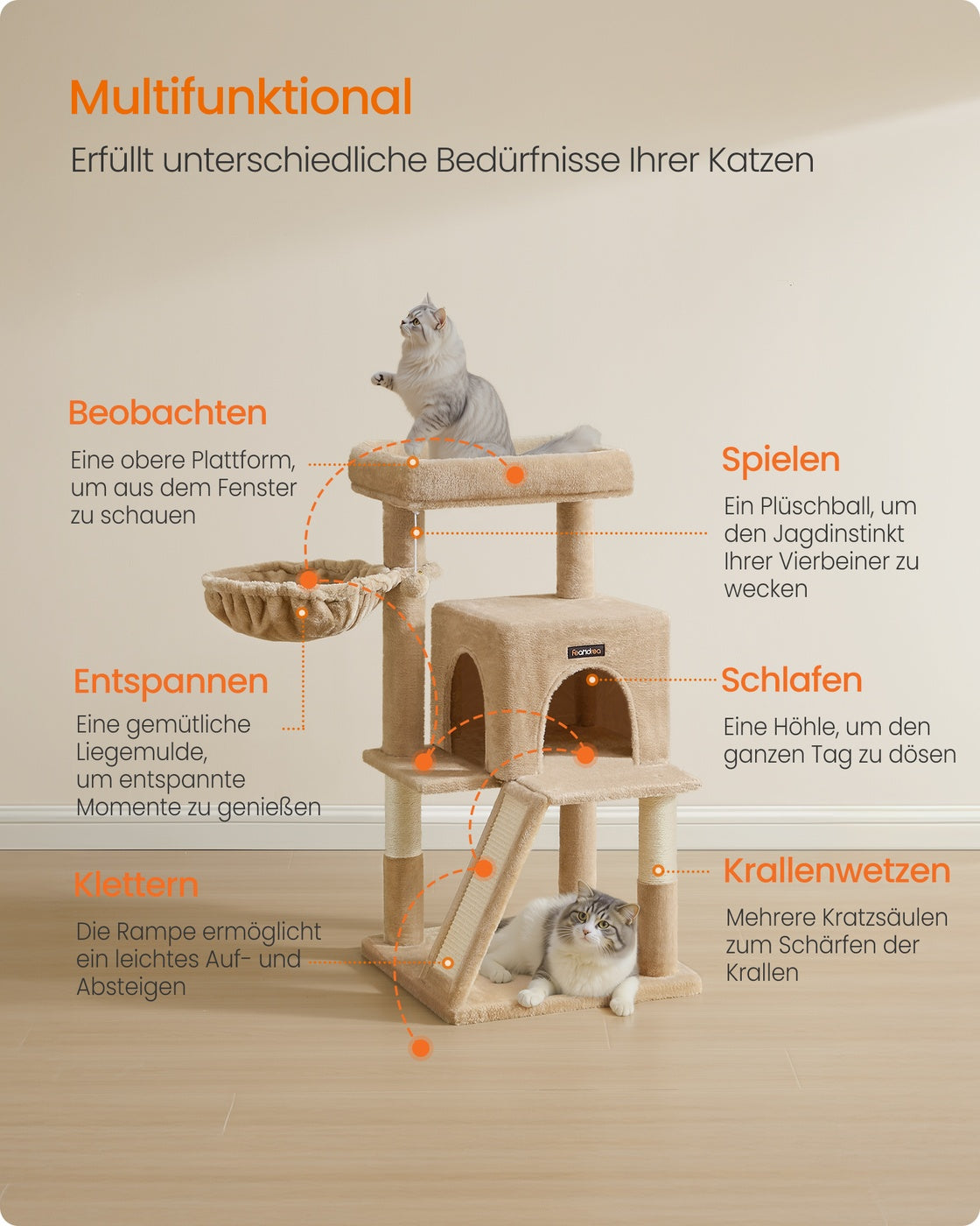 Cat Tree with Widened Perch for Large Cats Camel Brown