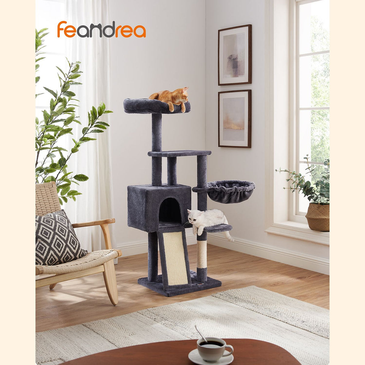 Dark Grey Cat Tree with Scratching Ramp — 135 cm