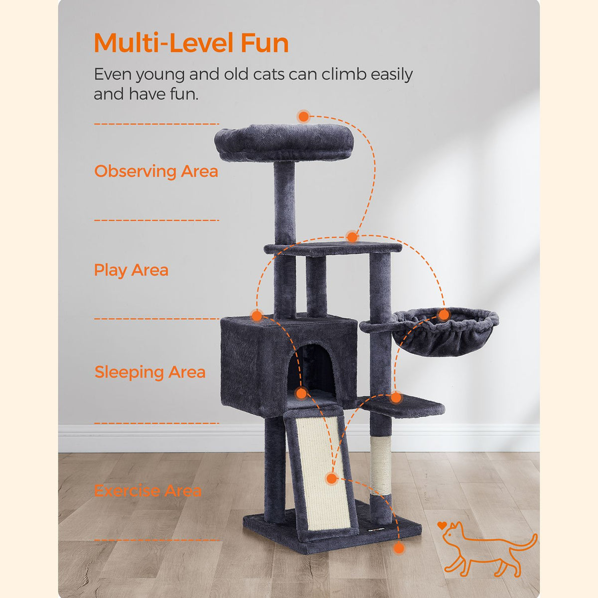 Dark Grey Cat Tree with Scratching Ramp — 135 cm