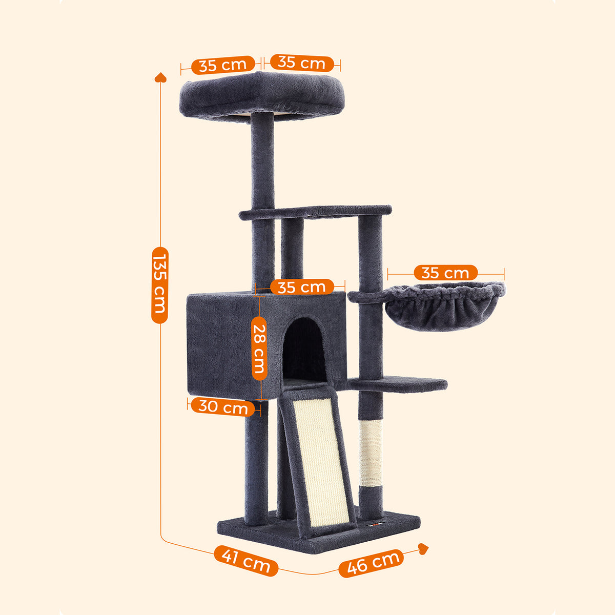 Dark Grey Cat Tree with Scratching Ramp — 135 cm