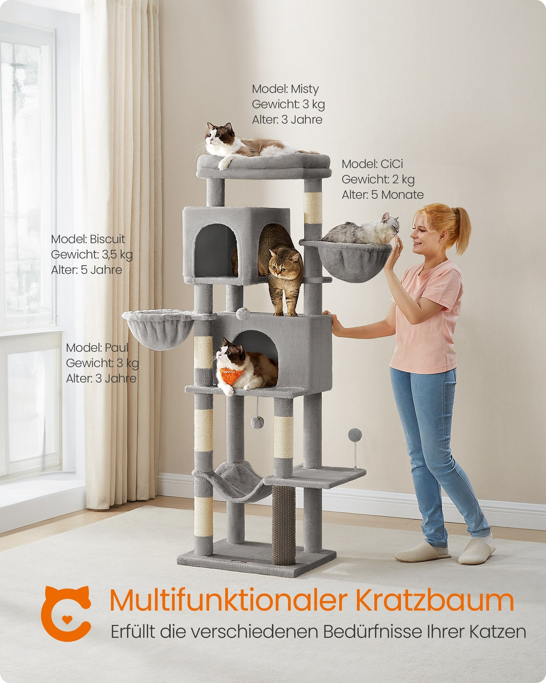 Large Cat Tree, Multi-Level, Dove Grey