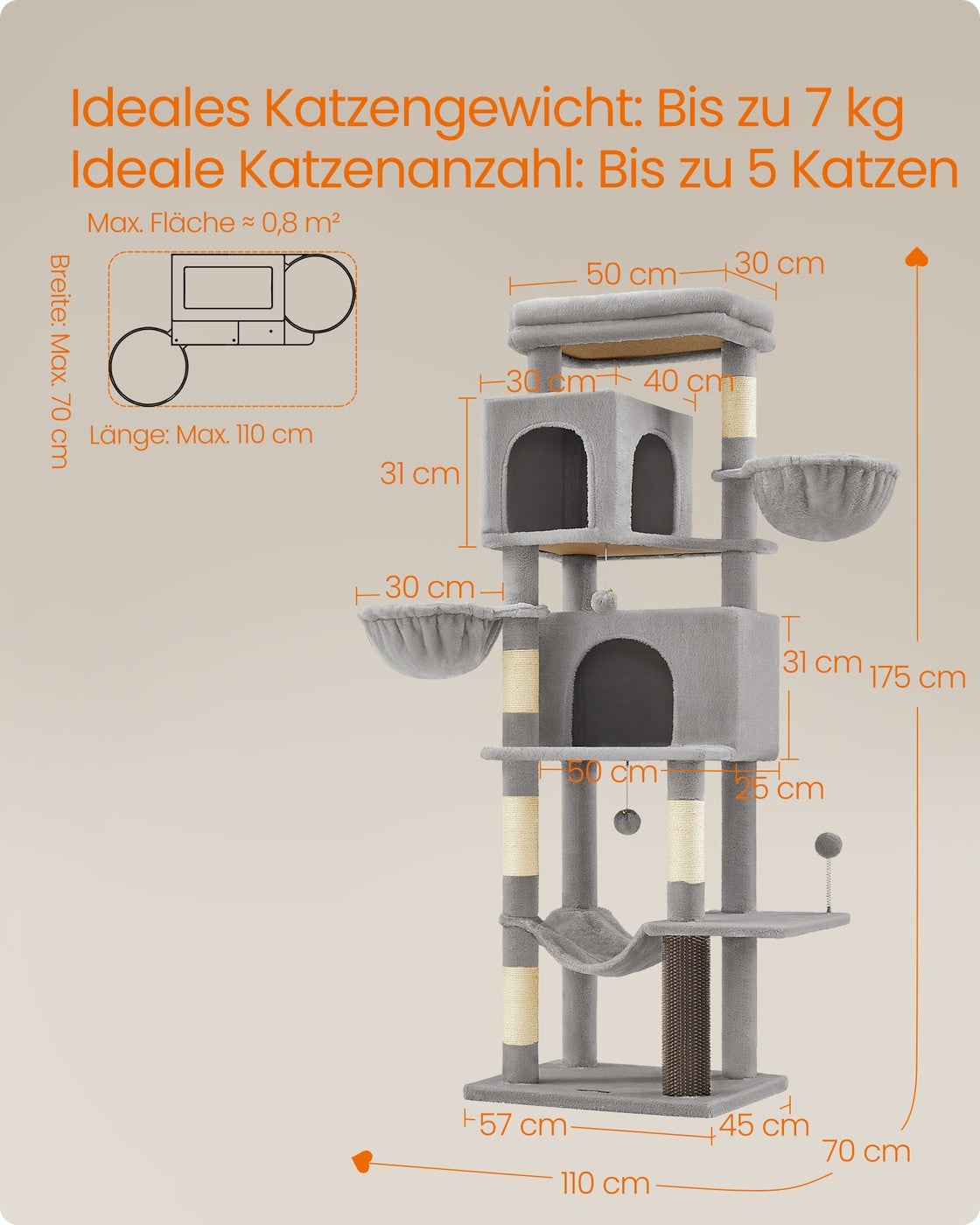 Large Cat Tree, Multi-Level, Dove Grey
