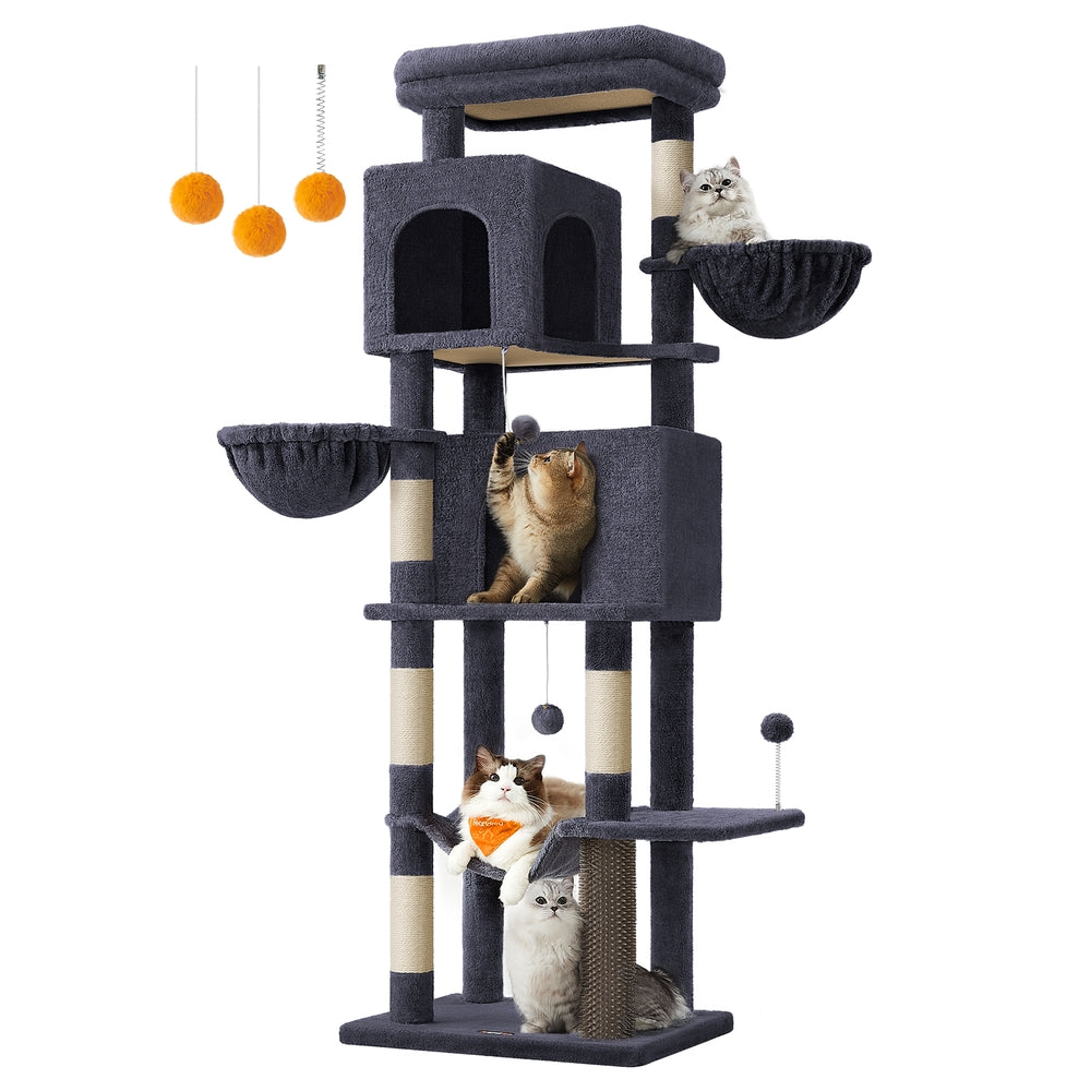 Large Cat Tree 175 cm Tall Cat Tower Multi-Level Cat Condo with 2 Caves Dark Grey - image 1