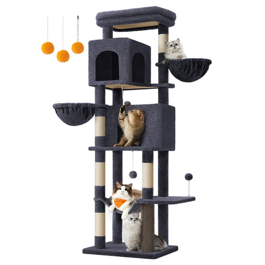 Large Cat Tree 175 cm Tall Cat Tower Multi-Level Cat Condo with 2 Caves Dark Grey - image 1
