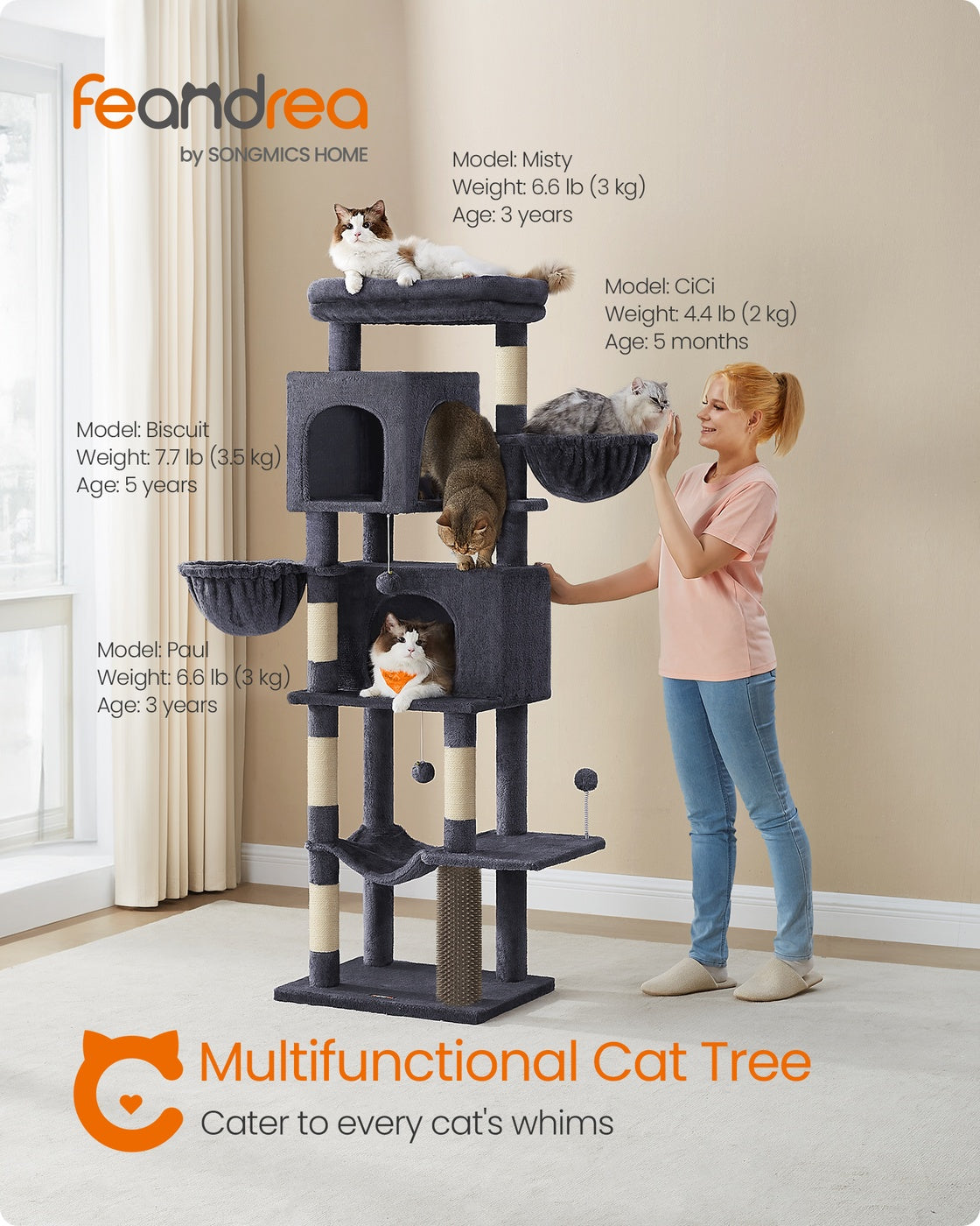 Large Cat Tree 175 cm Tall Cat Tower Multi-Level Cat Condo with 2 Caves Dark Grey - image 2