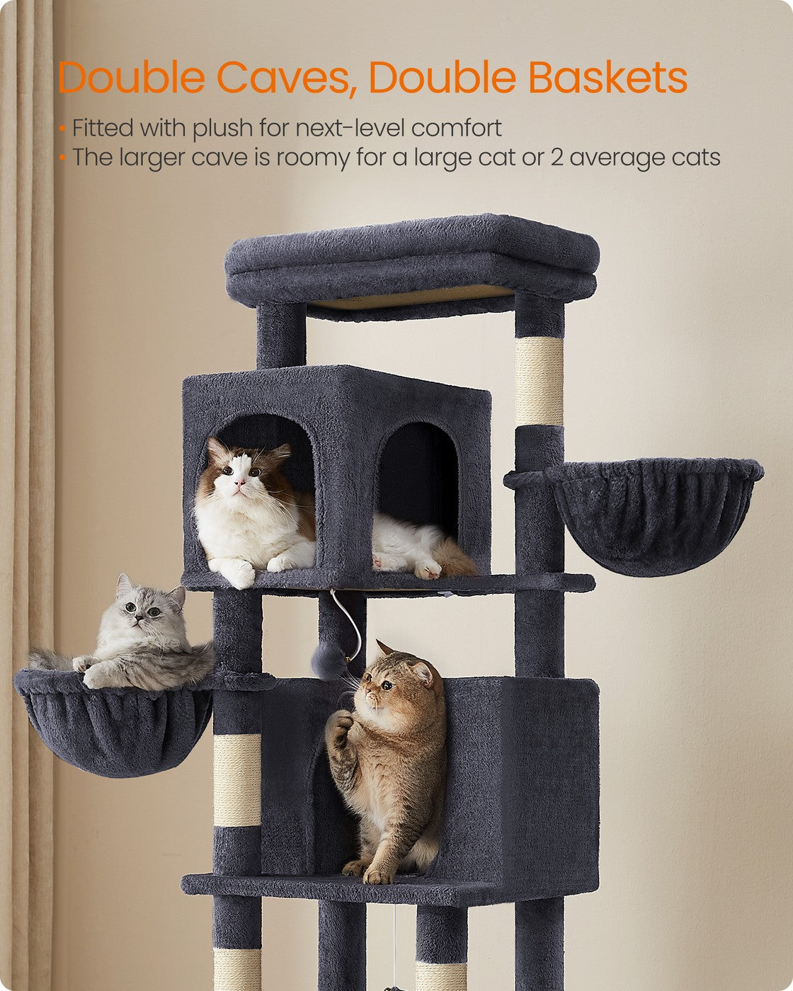 Large Cat Tree 175 cm Tall Cat Tower Multi-Level Cat Condo with 2 Caves Dark Grey - image 4