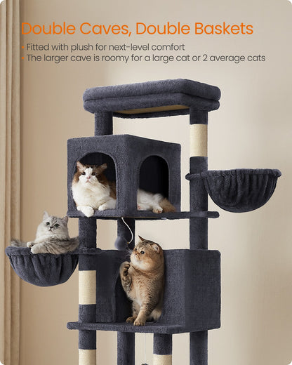 Large Cat Tree 175 cm Tall Cat Tower Multi-Level Cat Condo with 2 Caves Dark Grey - image 4