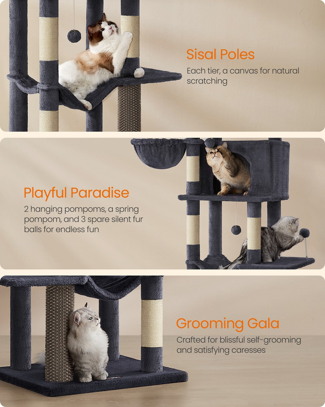 Large Cat Tree 175 cm Tall Cat Tower Multi-Level Cat Condo with 2 Caves Dark Grey - image 5