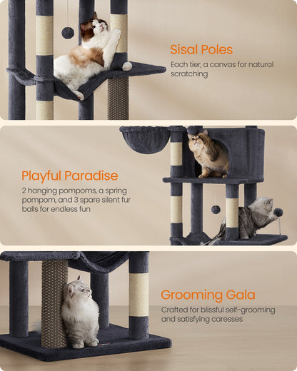 Large Cat Tree 175 cm Tall Cat Tower Multi-Level Cat Condo with 2 Caves Dark Grey - image 5