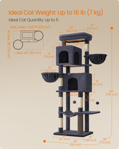 Large Cat Tree 175 cm Tall Cat Tower Multi-Level Cat Condo with 2 Caves Dark Grey - image 6