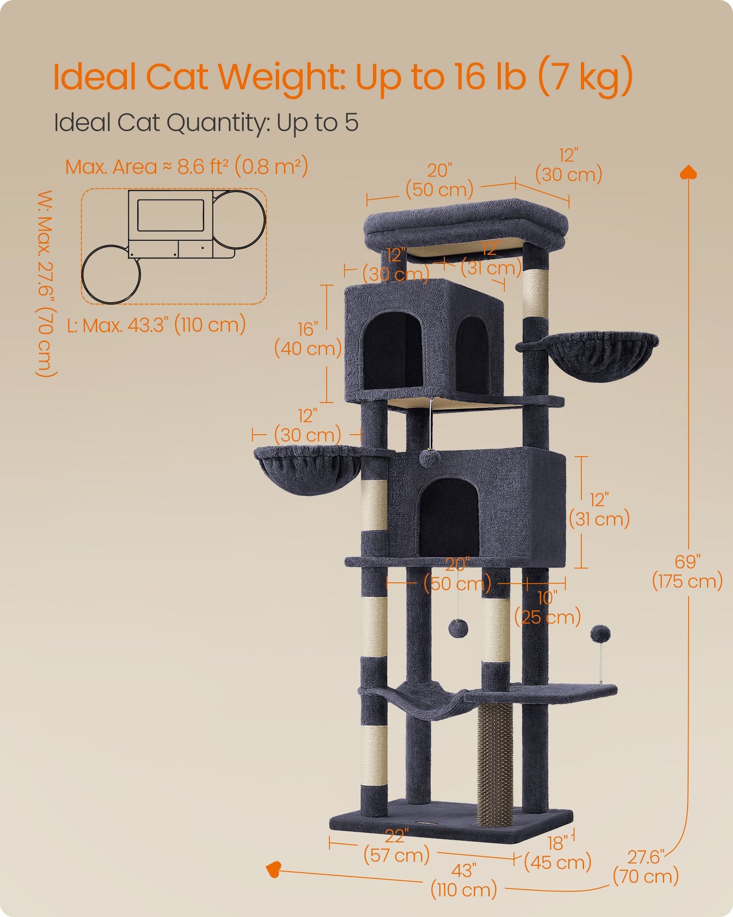 69-Inch Tall Cat Tree for Indoor Cats