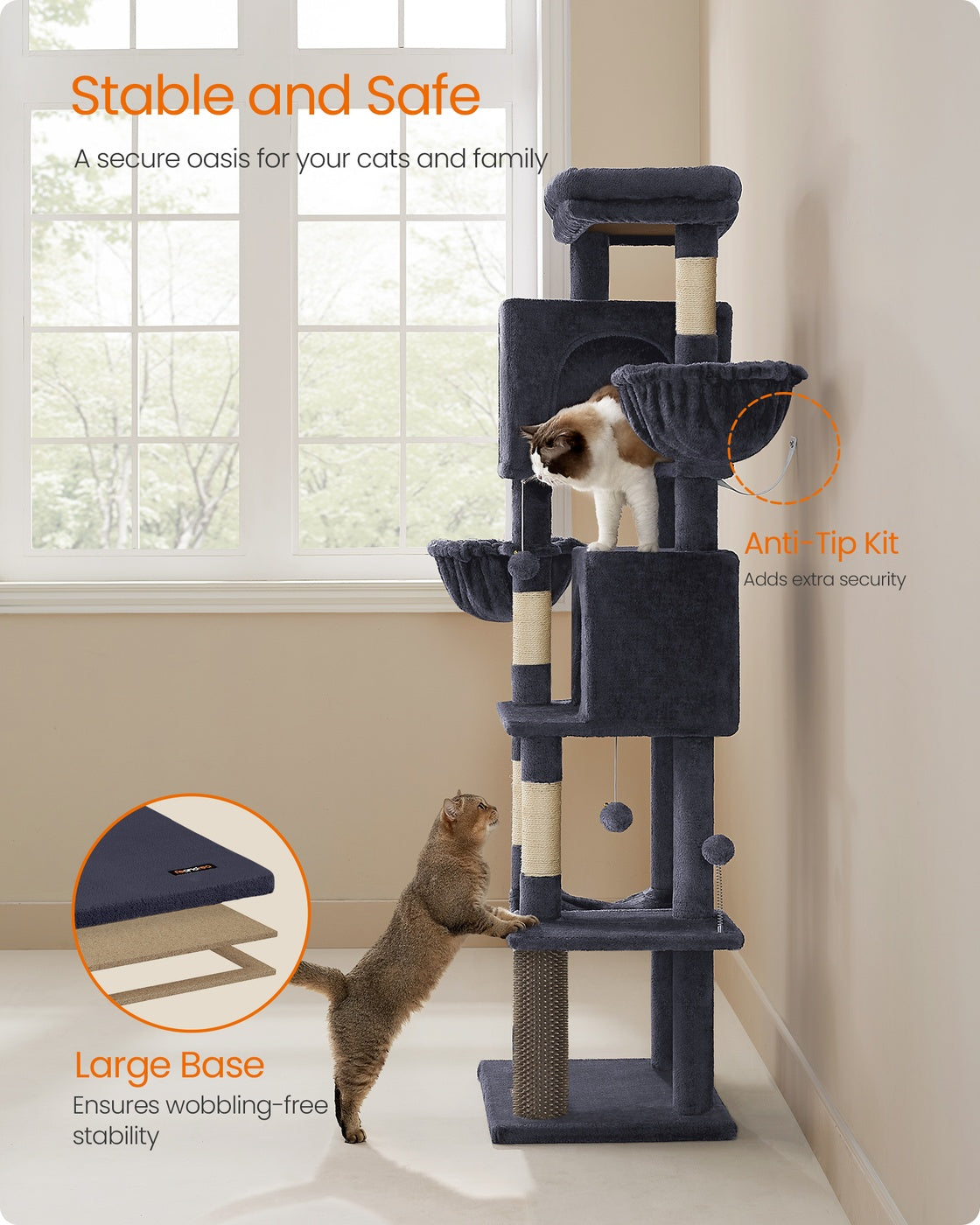 Large Cat Tree 175 cm Tall Cat Tower Multi-Level Cat Condo with 2 Caves Dark Grey - image 7