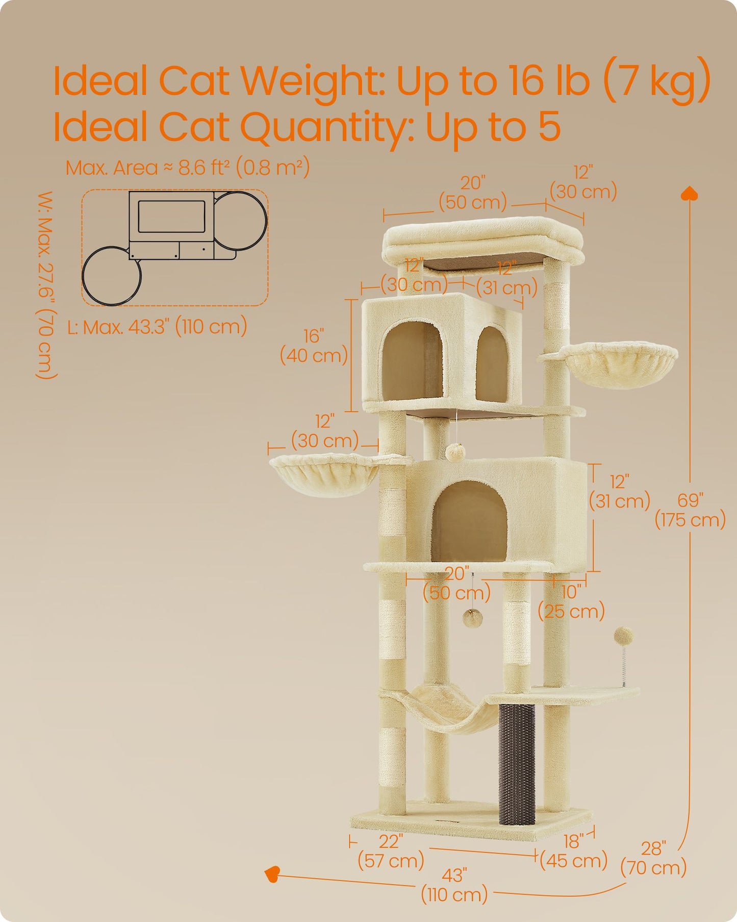 69-Inch Tall Cat Tree for Indoor Cats
