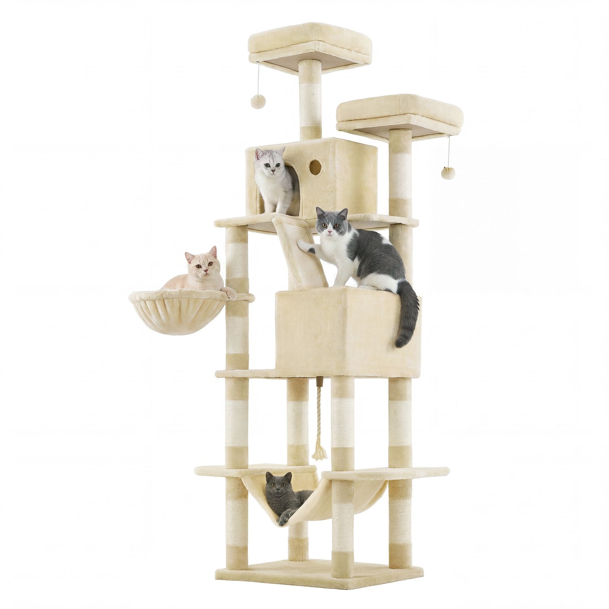 Tall Cat Tree Tower with Sisal Scratching Posts, Multi-Level Condo and Plush Hammock for Indoor Pets, Beige - image 1