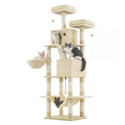Tall Cat Tree Tower with Sisal Scratching Posts, Multi-Level Condo and Plush Hammock for Indoor Pets, Beige - image 1
