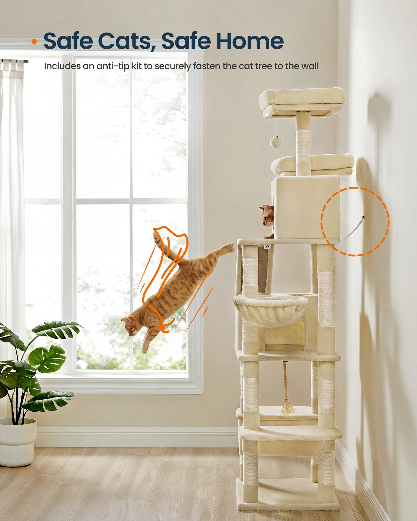 Tall Cat Tree Tower with Sisal Scratching Posts, Multi-Level Condo and Plush Hammock for Indoor Pets, Beige - image 3