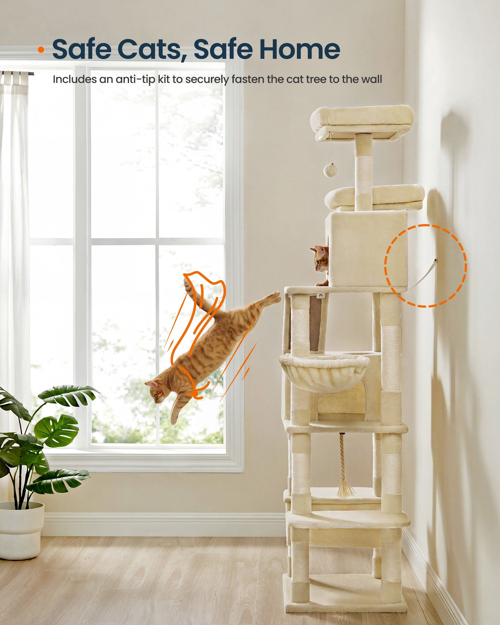 Tall Cat Tree Tower with Sisal Scratching Posts, Multi-Level Condo and Plush Hammock for Indoor Pets, Beige - image 3