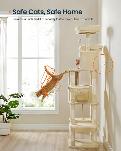 Tall Cat Tree Tower with Sisal Scratching Posts, Multi-Level Condo and Plush Hammock for Indoor Pets, Beige - image 3