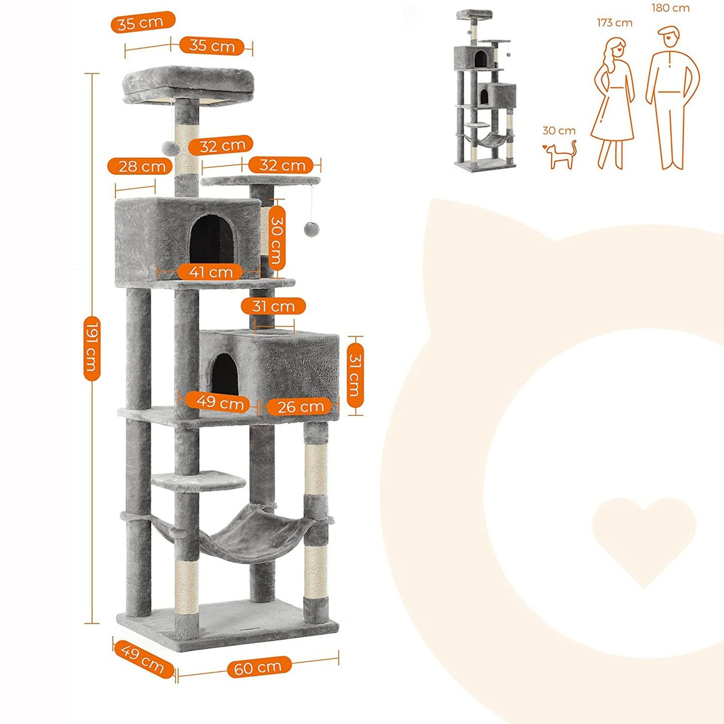 Cat Tree Stable Cat Tower 2 Plush Perches 191cm Light Grey - image 8
