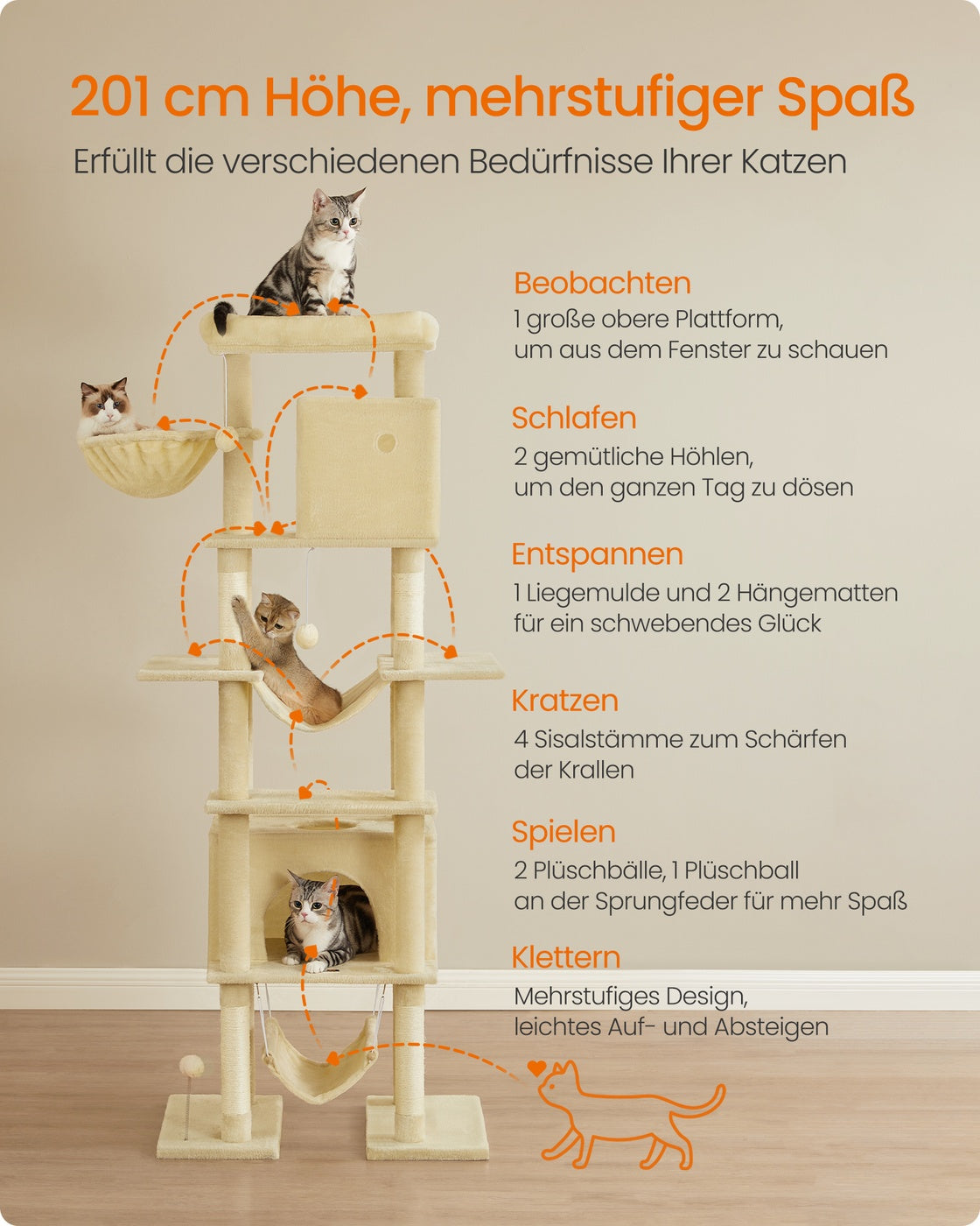 201 cm Tall Cat Tree XXL Large with Scratching Posts Light Grey