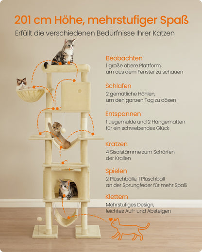 201 cm Tall Cat Tree XXL Large with Scratching Posts Light Grey