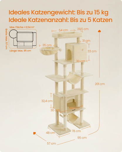 201 cm Tall Cat Tree XXL Large with Scratching Posts Light Grey