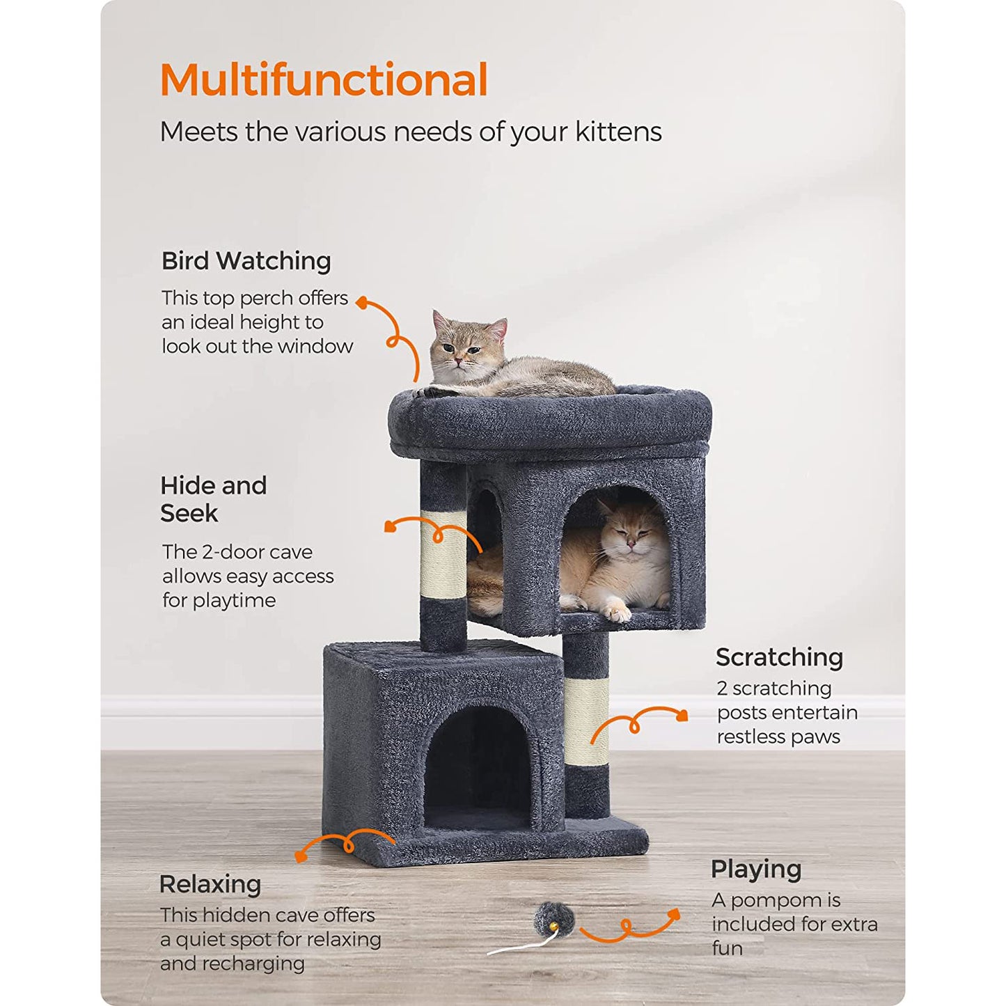 26.4-Inch Cat Tower with 2 Cat Caves - HWLEXTRA 