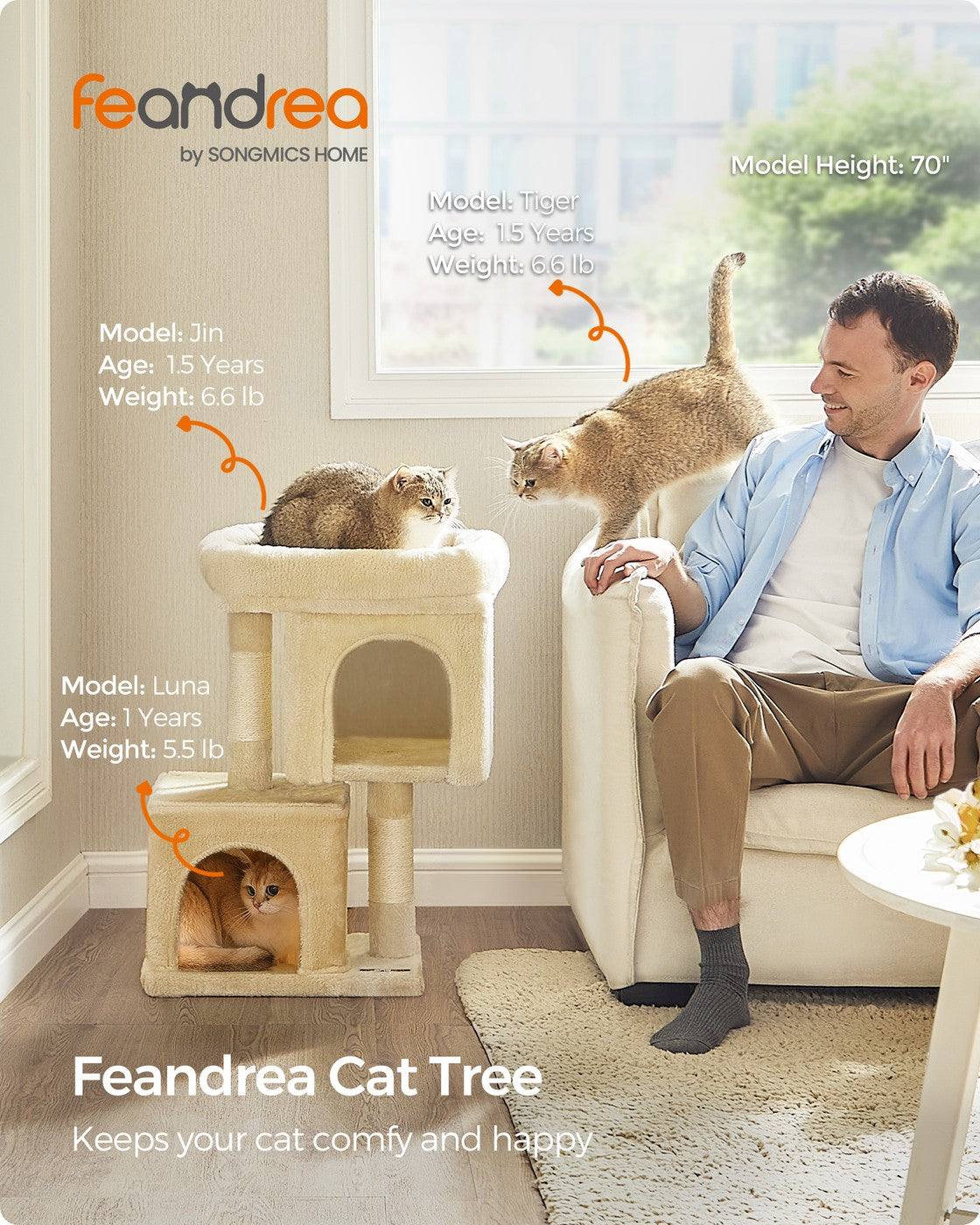 26.4-Inch Cat Tower with 2 Cat Caves - HWLEXTRA 