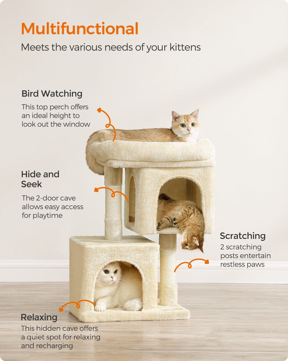 26.4-Inch Cat Tower with 2 Cat Caves - HWLEXTRA 