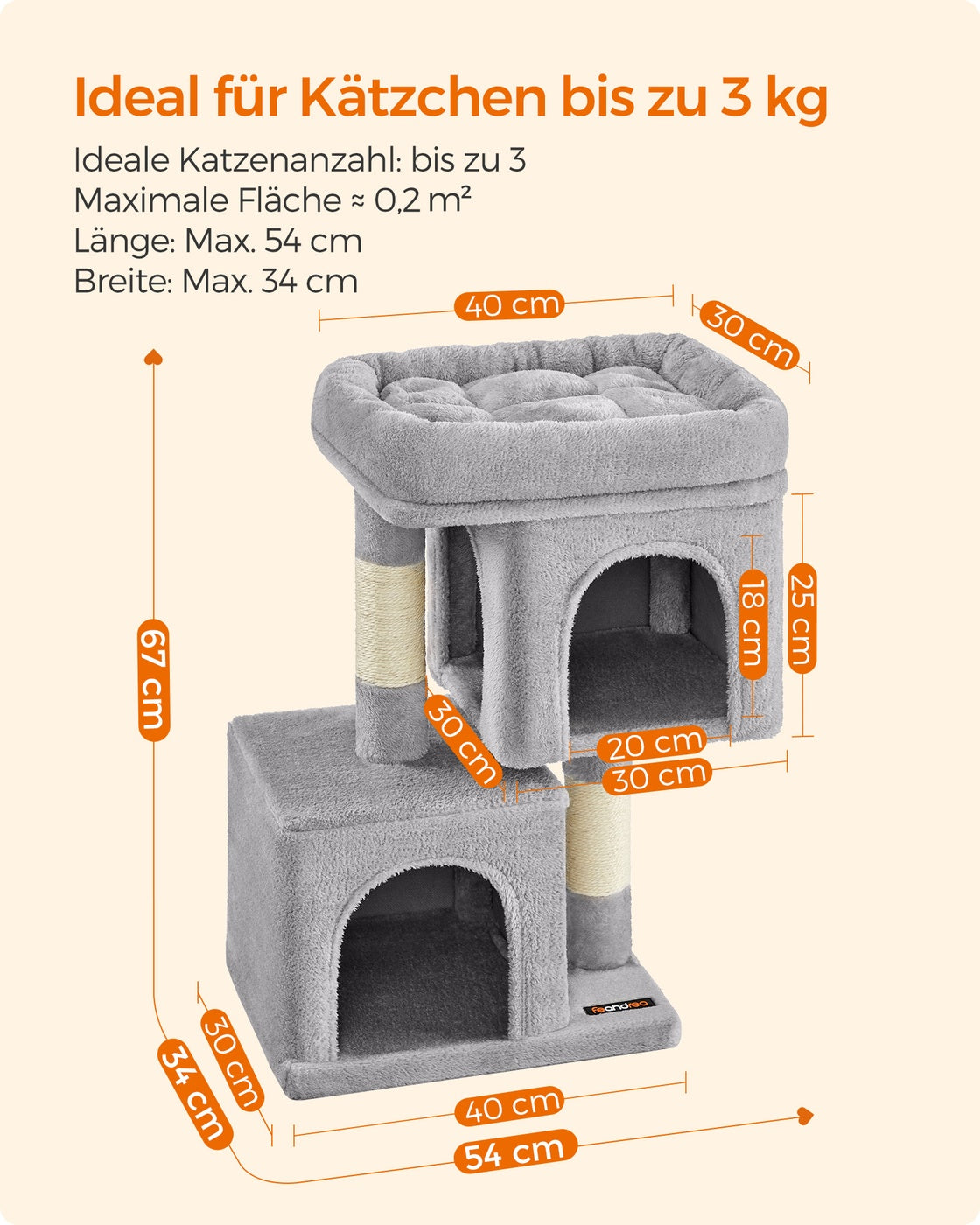 Cat Tree Tower 67 cm for Kittens up to 3 kg 2 Caves Light Grey