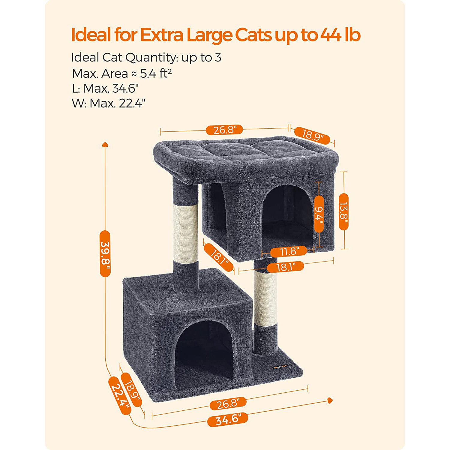 39.8-Inch Cat Tower for Extra Large Cats up to 44 lb - HWLEXTRA 
