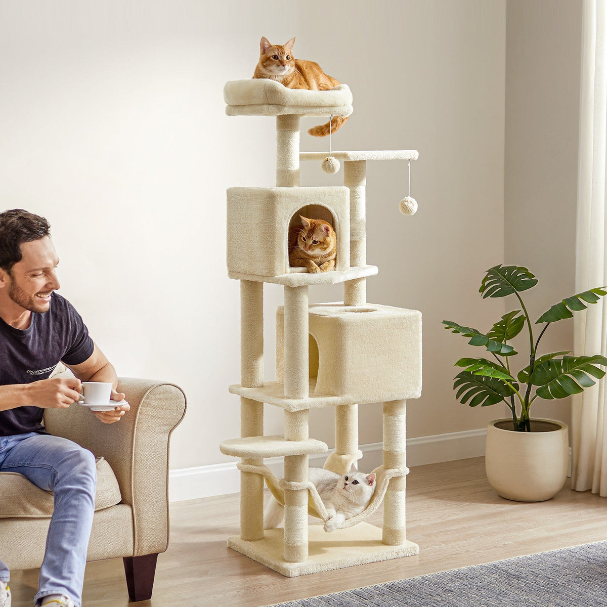 155 cm Cat Tree — Light Grey or Beige — Beige